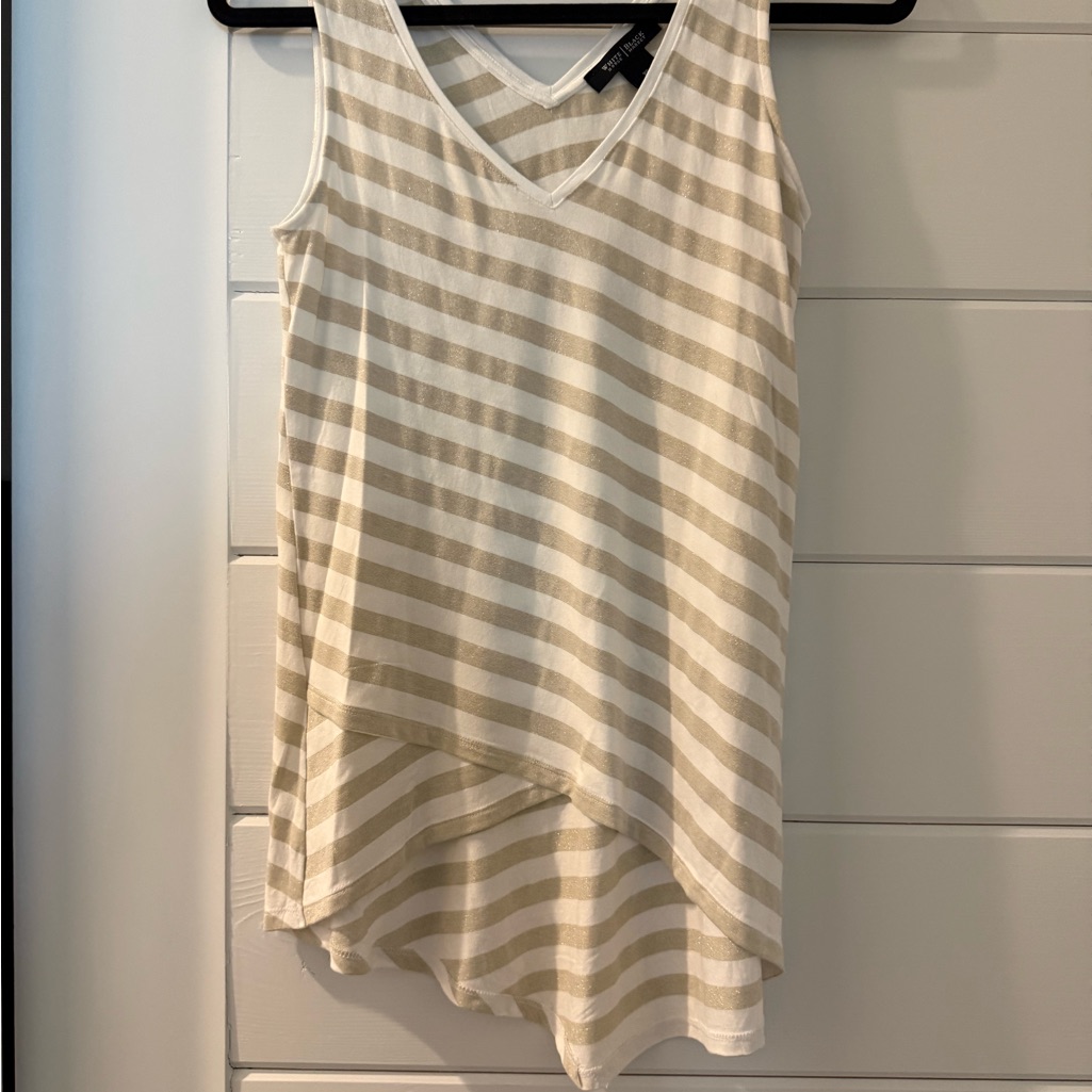 White House Black Market Cream & Gold Striped V-Neck Sleeveless Tank